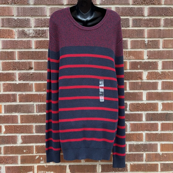 NAUTICA Mens XL Breton Stripe Cotton Sweater Navy Blue & Red NWOT - Picture 1 of 5